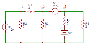 The voltage (V) at node 1 in the given circuit is 19