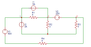 Find the voltage (V) at node 3 in the figure