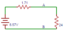 The equivalent thevenin’s model of the circuit shown is I=8.57/(2.4+1.71)=0.33A