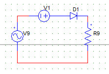 Waveform of load voltage at resistor has peak value of (Vm+V1) in the positive half cycle