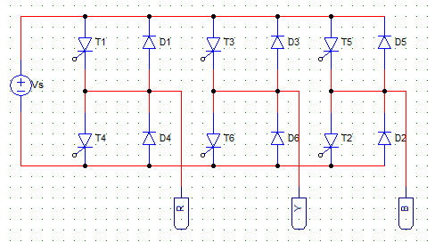 Three-phase bridge thyristor inverter used as the switching device