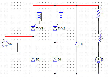 Semi-converter circuit T1 & T2 are fired at an angle α, the output voltage is zero