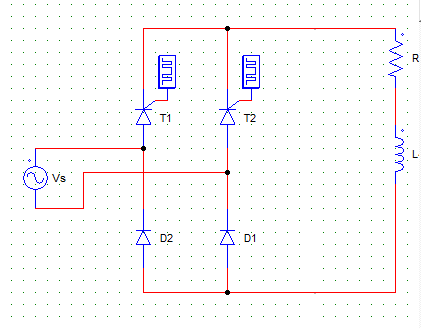 ωt = π to α+π & continuous load current configuration is T1 & D2 conduct
