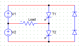 Find the voltage across the R load when only T1 is conducting