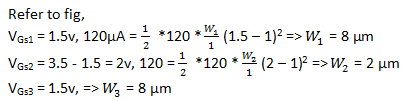 Find value of width of MOSFETs if NMOS transistors in have Vt = 1 V, μnCOX = 120 μA/V2