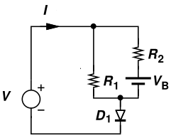 Find the current I input voltage V is -3V ,VB is 1V resistance R1 & R2 is 1K