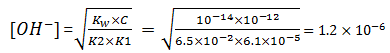 The [OH–] in a 0.01M solution of sodium oxalate is 1.2×10-6 by hydrolysis of C2 O42-