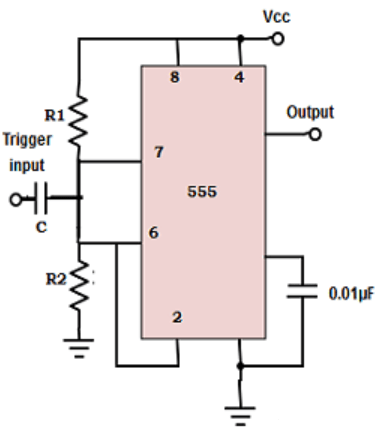Monostable vibrator circuit using 555 timer