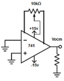 741 op-amp with 10kΩ potentiometer across voltage offset null circuit