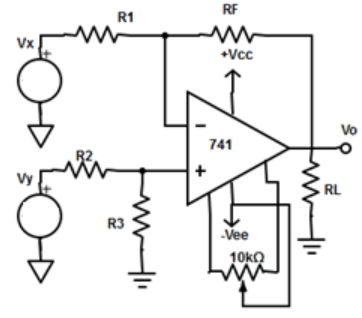 DC differential amplifier with offset null circuitry when a DC voltage is applied to inputs