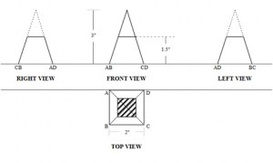 Square of top view on development of square pyramid from its plan & front elevation