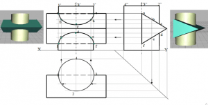 Curves of intersections of cylinder with triangle when cylinder penetrated by prism