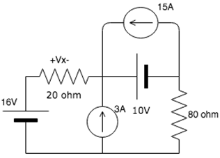 Find the voltage due to the 15A source for low resistance path & current flows