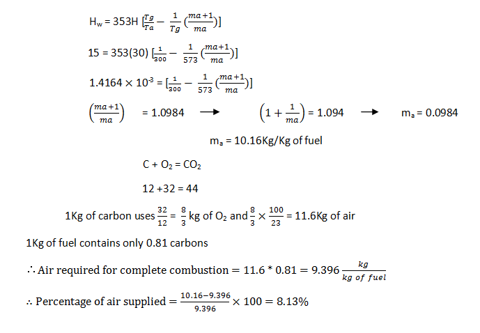 Find percentage of excess of air supplied if air & flue gases are at 27oC & 300oC
