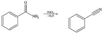 POCl3 is a dehydrating agent so Benzamide on reaction with POCl3 gives benzonitrile