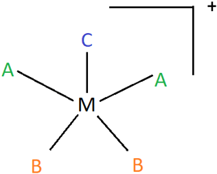 The formula of the hypothetical compound is [MA2B2C]+ distinct monoatomic ligands