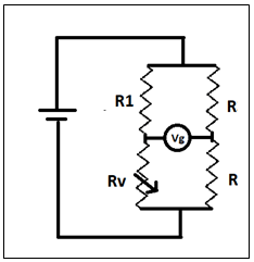 Find the deflection in galvanometer(Vg) if R1=3 ohm, R3=9 ohm, R4=6 ohm, Rv=2 ohm