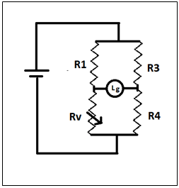 Light will not glow if R1=2ohm, R3=8 ohm, R4=4 ohm, Rv=1 ohm in given figure