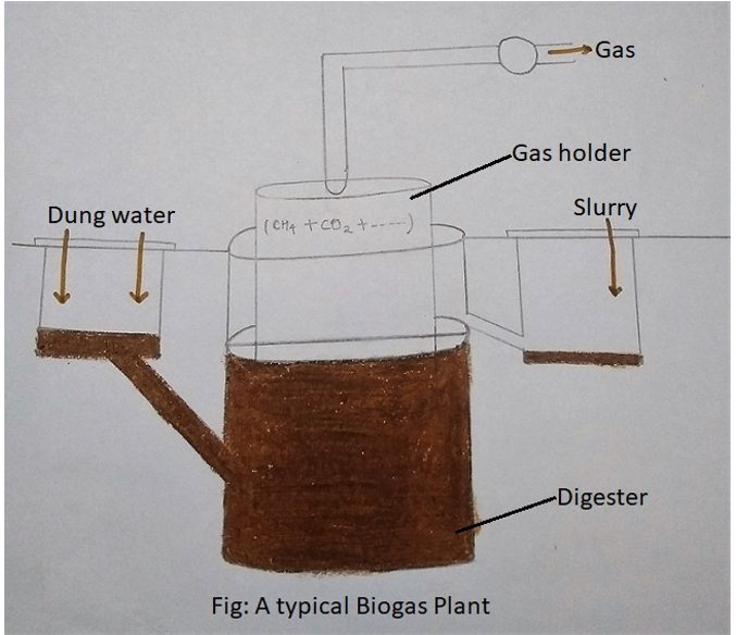 The diagram shows the biogas plant with methane accounts for about 50-70% of the biogas
